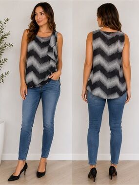 Bellissima Fashions XL Black & White Ruffle Overlay Sleeveless Blouse